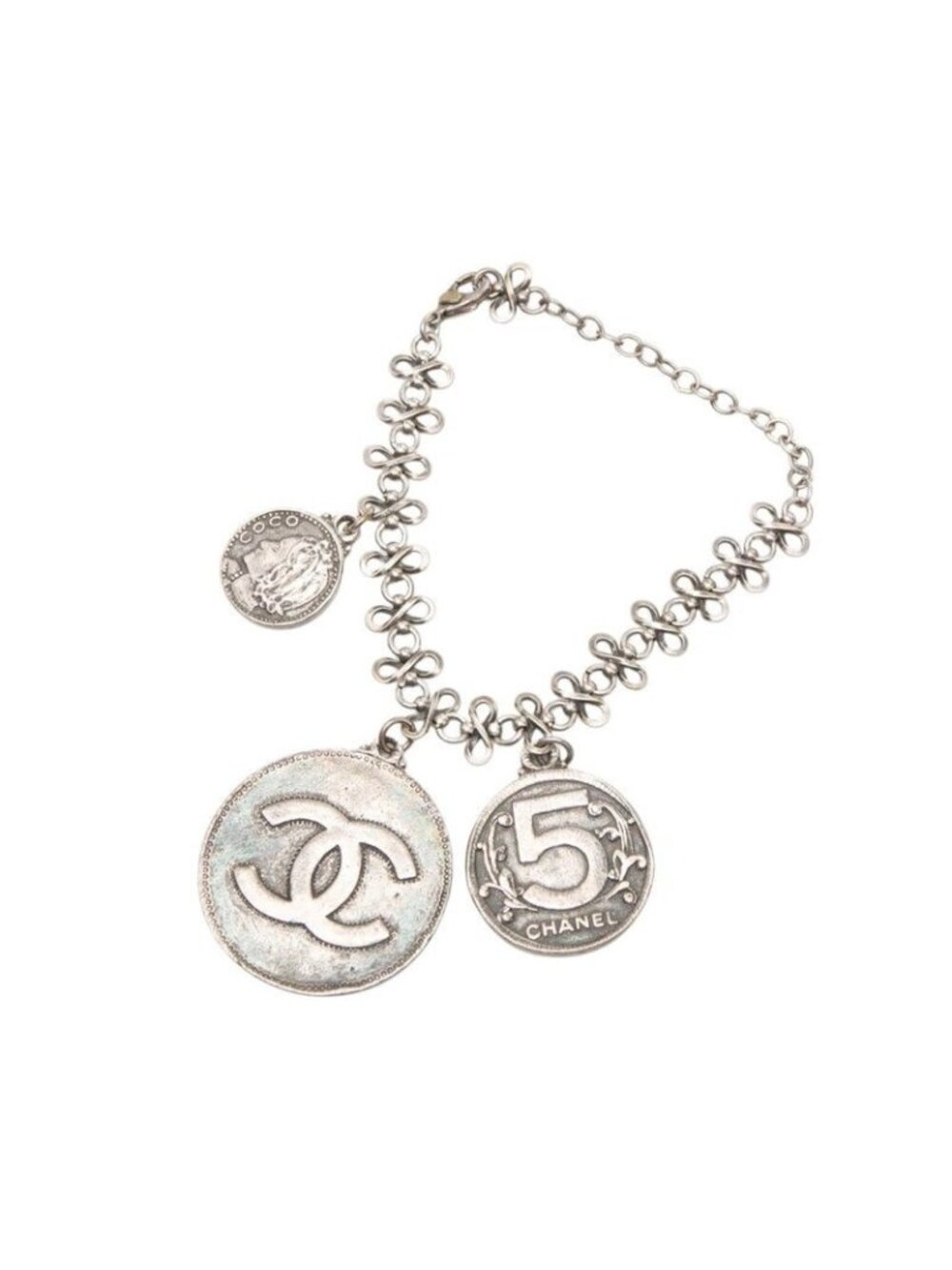 Chanel CC Logo Mademoiselle Coin Bracelet Silver Metal